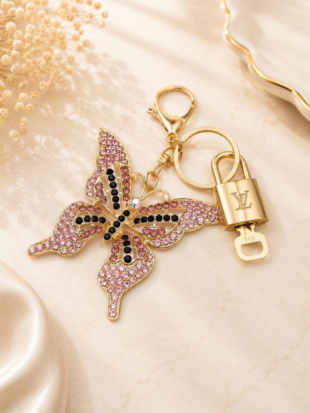 LV Gold Padlock Authentic 🔑 Luxury Bag Charm w/ Unbranded Butterfly Keychain